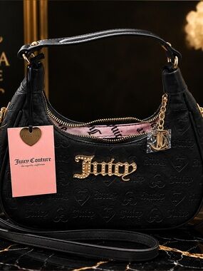 NWT Juicy Couture Black Embossed Shoulder Bag Gold Hardware Crossbody Purse